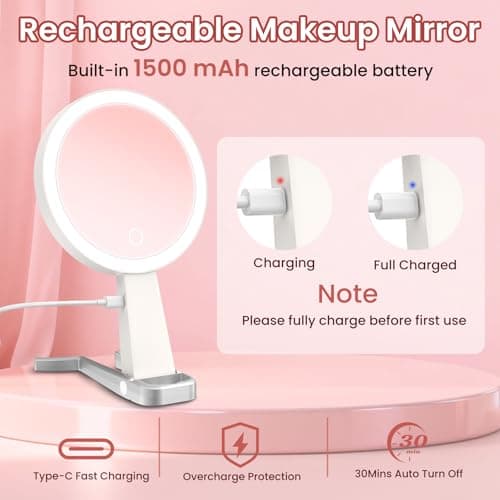 Makeup Mirror with Lights, 10X /1X Double-Sided Lighted Makeup Mirror with Magnification, Rechargeable Magnifying Mirror with 3 Color Lights, Portable Make up Mirror 3 in 1 Tabletop/Handheld/Hanging - Thumbnail 6