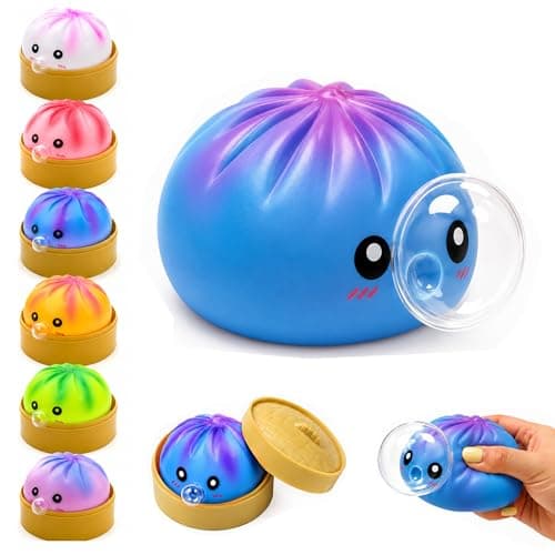 KYLARA Purple Blue Dumpling Squishies, Mystery Squishies Dumpling Blowing Bubble, Soft Squeeze Desk Toy, Tie Dye Bao Bun with Food Streamer, Cute Fidget Sensory Ball Gift for Stress Anxiety Relief