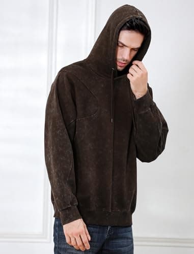 INVICTUSY Men's Oversized Hoodie Pullover Acid Wash Plush Cotton Hooded Fleece Sweatshirt Streetwear Unisex Casual Hoodies C Brown - Thumbnail 4