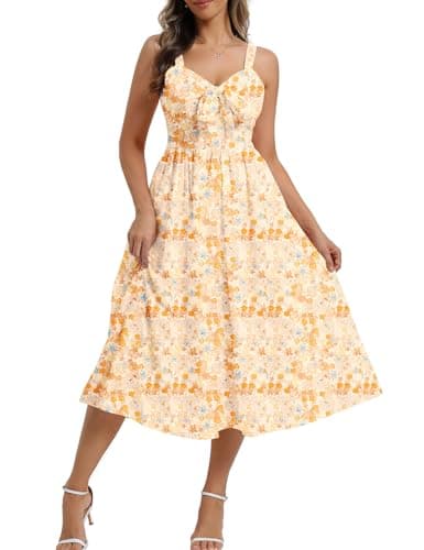 Belle Poque Summer Dresses for Women 2026 Tie Front Dress Beach Wedding Guest Dress Floral Sundress with Pockets (Yellow,2XL) - Image 1