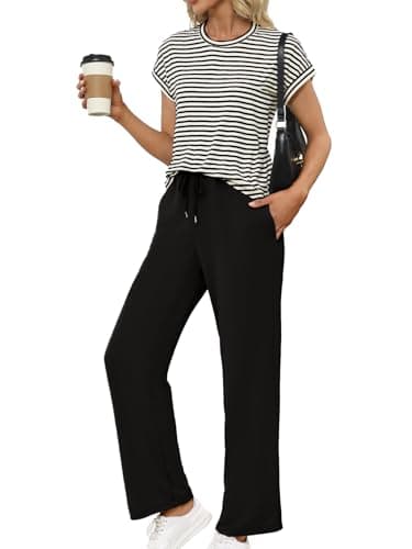 Glamaker 2 Piece Sets for Women Summer Crewneck Casual Tops Wide Leg Pants Matching Sets Sweatsuit Tracksuits Black S - Image 1
