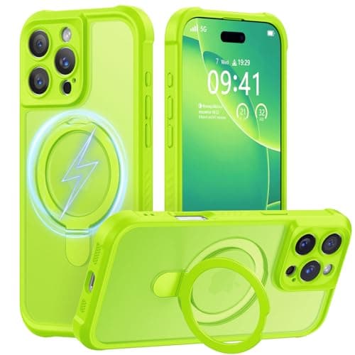 MOCCA Design for iPhone 16 Pro Max Case with Magnetic Invisible Stand [Full Camera Protection] [Compatible with Magsafe] Military Drop Shockproof Translucent Matte Case Cover 6.9",Fluorescent Green - Image 1