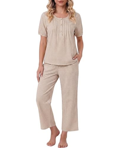 Tanming Womens 2 Set Gingham Pajama Set Half Sleeve Shirt Wide Leg Pants Y2K Cotton Matching Lounge Set Beach Outfits(Brown-XL) - Image 1