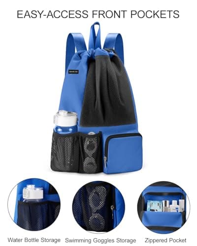 BAVELOE Swim Bag with Wet Pocket, Mesh Drawstring Backpack for Beach, Swimming, Snorkeling, Pool, Gym for Women Men (Blue) - Thumbnail 3