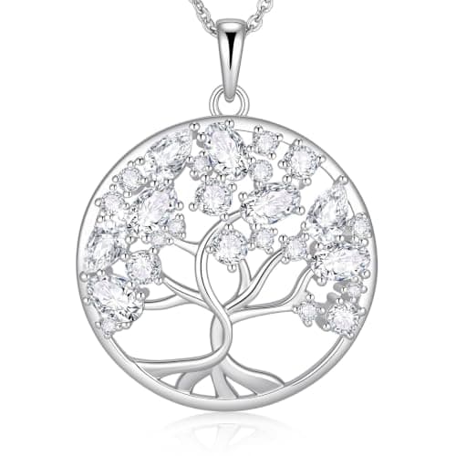 Tree of Life Necklace Jewelry Gifts - Family Tree Necklace Circular Pendant White Zircon Leaves Energy Adjustable Chain Valentines Day Mothers Day Birthday Anniversary for Women Mom Wife Grandma - Image 1