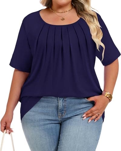 JOELLYUS Womens Plus Size Tops Summer Short Sleeve Shirts Flowy Crewneck Casual Loose Tunic Top Blouses (Dark Blue, XL) - Thumbnail 4