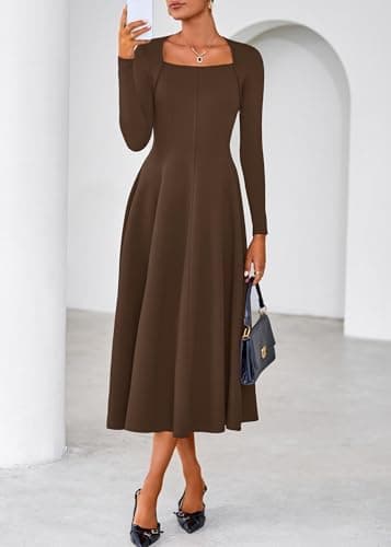 Lazysmile Long Sleeve Fall Dresses for Women Square Neck A Line Flowy Casual Elegant Wedding Guest Party Maxi Dress Brown - Thumbnail 4