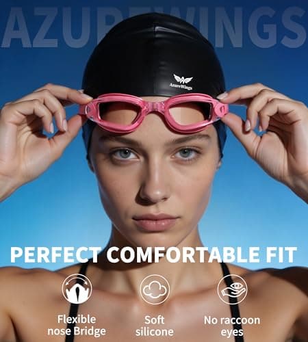 AzureWings Swim Goggles - 2 Pack Swimming Goggles No Leak Anti-Fog & UV for Adult Men Women, Wide Visio HD Mirror PC Lens (Light blue-Pink) - Thumbnail 2