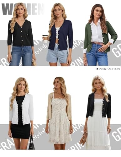 GRACE KARIN Beige Cardigan Sweater for Women Dressy Casual Bolero Shrugs Lightweight 3/4 Sleeve Cropped Open Front Knit Blazer - Thumbnail 6