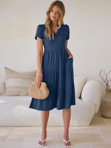ANRABESS Womens Summer Causal Dresses V Neck Short Sleeve Midi Dress 2026 Flowy Tiered Boho Beach Sundress Vacation Outfits Blue M - Thumbnail 6