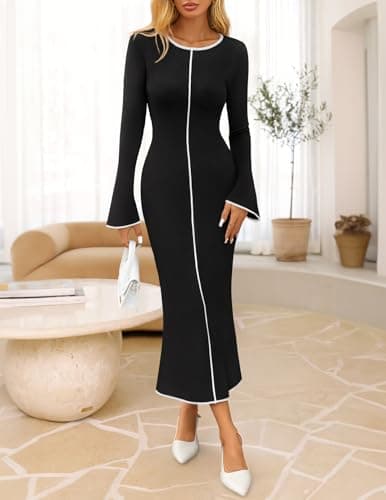 MEROKEETY Women's Fall Long Bell Sleeve Sweater Dress 2025 Elegant Bodycon Color Block Knit Midi Maxi Dresses, Black, Medium - Thumbnail 2