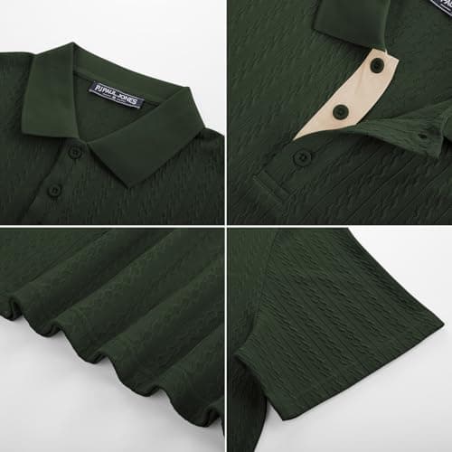 PJ PAUL JONES Mens Casual Shirts Fashion Textured Polo Shirts Lightweight Knit Polo Tees Shirt Short Sleeve Army Green XXL - Thumbnail 5