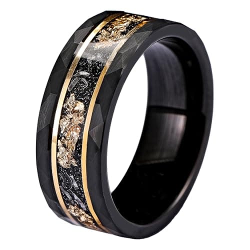 Men’s Tungsten Carbide Wedding Bands Black 8mm Hammered with Gold Foil Inlay Scratch Proof Stainless Size 6.5 - Image 1