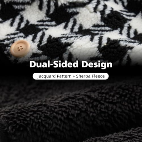 SHINEDOOR Jacquard Sherpa Wearable Blanket Lap Blanket Comfy Poncho Throw with Wooden Buttons Fleece Wearable Blankets for Women Soft Winter Shawl Gifts & Home Black & White Checkered - Thumbnail 3