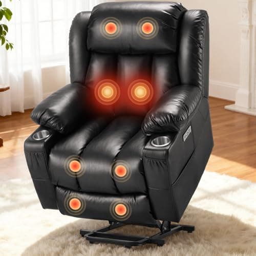 Osumlee Large Power Lift Recliner Chair with Massage and Heat for Elderly, Oversized Heavy Duty Faux Leather Recliner, USB & Type-C Ports, 2 Cup Holders (Black)