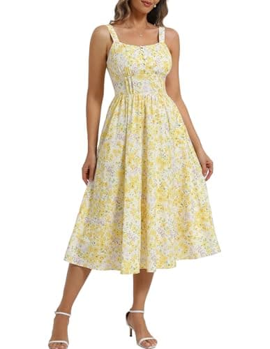 Belle Poque 2026 Summer Yellow Floral Dress for Women Sleeveless A-line Sundress Elegant Midi Flowy Beach Dress Medium - Image 1