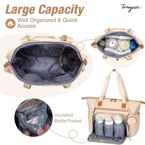 Tonyeee Diaper Bag Tote, Large Baby Diaper Bags Waterproof, Hospital Bag for Labor Delivery with Pacifier Case, Changing Pad, Shoulder Strap, khaki - Thumbnail 4