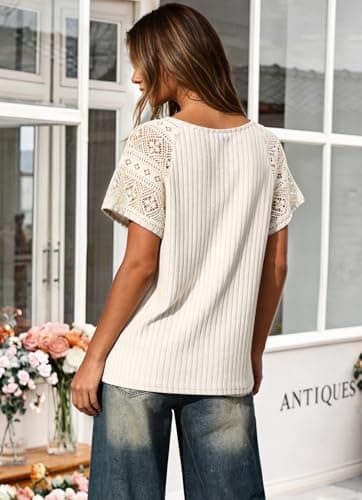 Pleneal Women's Short Sleeve Shirts Womens Summer Lace Tops Round Neck Dressy 2026 Spring Trendy Casual Business Clothes Apricot - Thumbnail 3