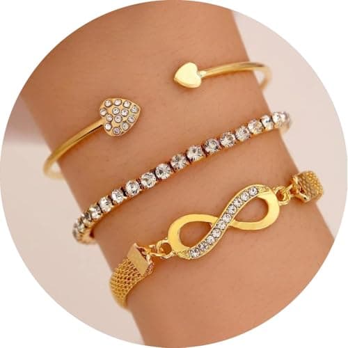Alegend 14K Gold 3PCS Stackable Crystal Bracelet Set - Heart & Infinity Symbol Bangles, Chic Women's Jewelry - Thumbnail 2
