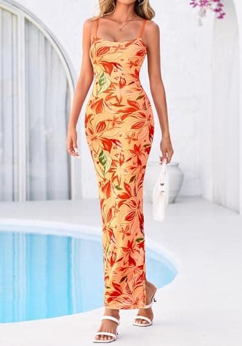 BTFBM Womens Maxi Dress 2026 Spring Floral Sexy Spaghetti Straps Sleeveless Bodycon Summer Beach Wedding Guest Dresses(Floral Yellow Red, Medium) - Thumbnail 2