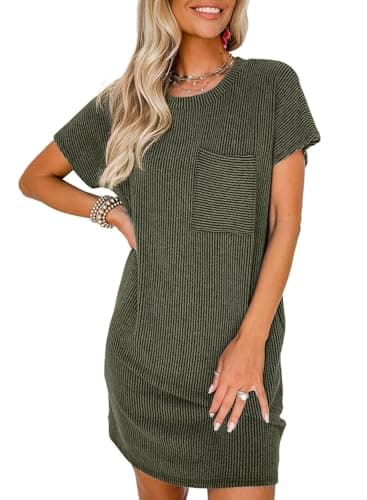 Acelitt Womens Casual Summer Dress 2026 Fashion Crewneck Short Sleeve Trendy Loose Vacation Beach Ribbed Shift Shirt Mini Dresses Green Large - Image 1