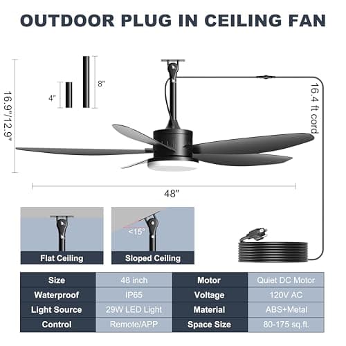 Phylluz Outdoor Ceiling Fan with Lights, 48 Inch Plug in Gazebo Fans with Remote APP Control, Quiet DC Motor, Dimmable 3CCT, Waterproof Hanging Fans for Patios, Porch, Black - Thumbnail 6