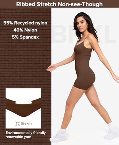 BRXL Seamless Workout Jumpsuits For Women Adjustable Spaghetti Strap Short Ribbed Romper Compression Sleeveless One Piece Gym Yoga Outfit Paded - Thumbnail 4