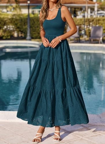 BTFBM Women Summer Eyelet Midi Dresses Casual Spring 2026 Sleeveless A Line Flowy Vacation Beach Wedding Guest Sun Dress(Dark Lake Blue, X-Large) - Thumbnail 2