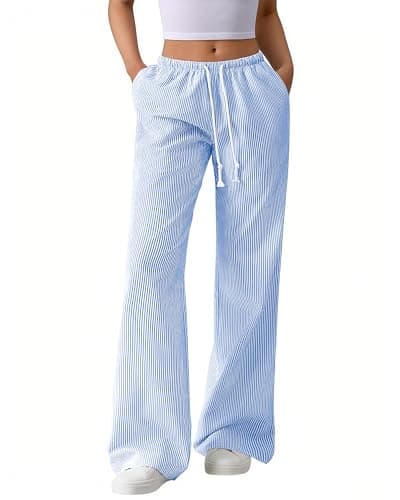 BTFBM Striped Wide Leg Pants for Women Spring Summer 2026 Drawstring Lounge PJ Beach Bottoms Casual Trousers Pockets(Light Blue, Small) - Image 1