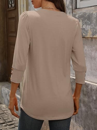 ANRABESS Womens Tops 3/4 Sleeve Casual Henley Shirts V Neck Buttons Dressy Work Business Blouses 2026 Spring Trendy Clothes X-Large Khaki - Thumbnail 6