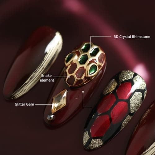 Tesytto Dark Red Press on Nails Luxury Medium Almond, Handmade Fake Nails 3D Design with Snake Charm Rhinestones Glossy Full Cover Thick Acrylic Nails for Valentine's Day(Red Flame,S) - Thumbnail 3