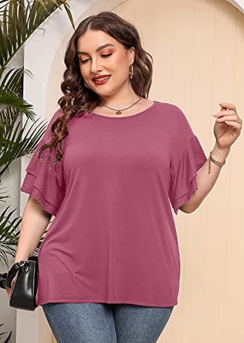 AusLook Plus Size Womens T Shirts Mauve 2X Tunic Double Ruffle Short Sleeve Blouses Crewneck Clothing Tee Ladies Clothes Flowy Dressy Casual Loose Fit Outfits Maternity Summer Tops - Thumbnail 3
