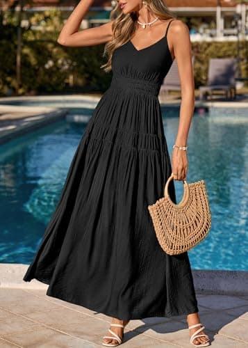 KIRUNDO Maxi Dresses for Women 2026 Summer Sleeveless Spaghetti Strap Long Flowy Beach Vacation Dress Boho A Line Sundress Black - Thumbnail 2