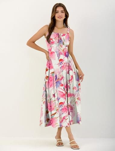 ZAFUL Women Summer Dress Square Neck Floral Midi Dress Corset Flowy A Line Wedding Guest Dresses with Pockets Pink Floral S - Thumbnail 5