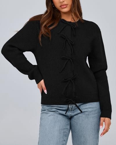 BTFBM Bow Cropped Cardigan Sweaters for Women 2026 Fall Winter Open Front Sweater Long Sleeve Button Fashion Spring Clothes(Black, Medium) - Thumbnail 3