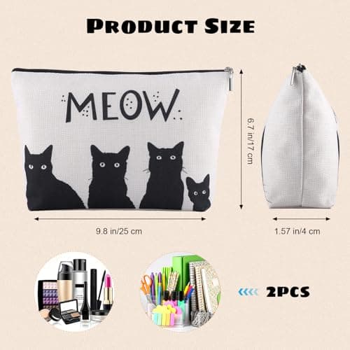 WSICSE 2 Pcs Black Cat Makeup Bags for Cat Lover Gifts, Black Cat Toiletry Bag for Women Teen Girls, Large Zipper Pencil Case for Travel Cash Pen Cosmetics - Thumbnail 2