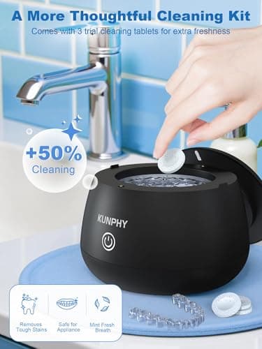 KUNPHY Ultrasonic Retainer Cleaner Machine, 48kHz Dental Cleaning Pod for Braces, Night Guard, Mouthguard, Toothbrush, Denture, Jewelry Black - Thumbnail 2
