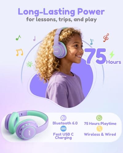 acer Kids Bluetooth Headphones, Over Ear Headphone for Kids with Mic, 75H Playtime, 85dBA Safe Volume, Bluetooth 6.0, USB C Fast Charging, Toddler Headphones for iPad/Tablet/Travel/School-Purple Green - Thumbnail 5