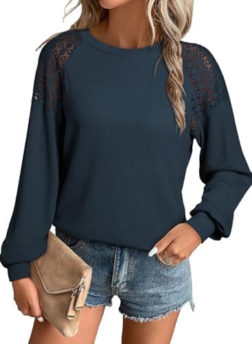 EVALESS Womens Long Sleeve Shirts Business Casual Work Lace Patchwork Spring Fall Tops for Women 2025 Trendy Crewneck Waffle Knit Basic Tee Loose Fit Ladies Tops and Blouses Clothes Blue Small - Image 1