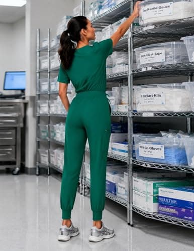 VECARDI Women's Scrub Jogger Pants High Waisted Stretch Nurse Work Bottoms 5 Pockets Elastic Waist Slim Fit Hunter Green - Thumbnail 3