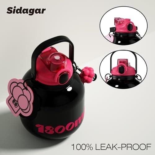 Sidagar 60 oz Big Gallon Water Bottle with Straw and Carry Handle, Black Wide Mouth Vacuum Water Jug, Insulated Stainless Steel Bottles; Heavy-Duty Aesthetic Yoga Flask for Women, Sweet & Cool Black - Thumbnail 3