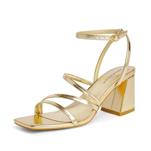 Modatope Gold Strappy Heels for Women Metallic Heeled Sandals Square Open Toe Ankle Strap Gold Heels Women Chunky Heel Sandals Size 6.5 - Image 1