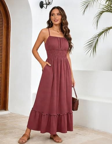 GRACE KARIN Womens Spaghetti Strap Dress Flowy Ruffle Dresses Sleeveless Swing A-Line Sundress Smocked Cami Dress with Pockets Brick Red L - Thumbnail 3