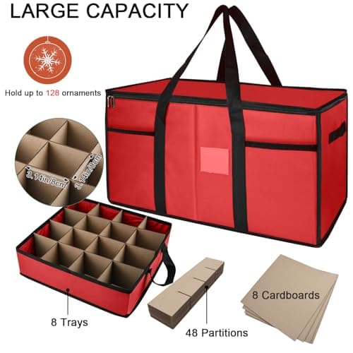Christmas Ornament Storage Box with Dividers, Christmas Balls Storage Containers with Zipper & 8 Removable Trays, Holds Up to 128 Balls - 600D Oxford Christmas Decoration Storage Organizer (Red) - Thumbnail 4