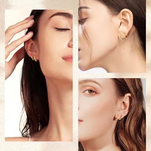 Small Square Gold Huggie Hoop Earrings for Women Trendy- Huggie Cartilage Earring Set Cute Thin Mini Tragus Plated Hoops Multiple Piercings Cubic Zirconia Earrings Sets (2 Pair Square Huggies 10mm) - Thumbnail 3