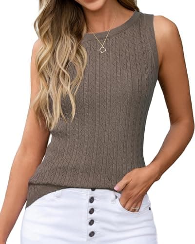 Arach&Cloz 2026 Womens Cashmere Tank Tops Summer Spring Sleeveless Vest Cable Knit Hollow Out Lace Crew Neck Soft Sweater Cute Fashion Dressy Business Casual Outfits Trendy Work Clothes Coffee XL - Image 1