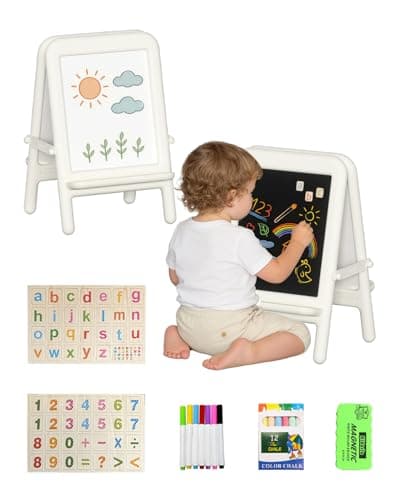 hoopyosms Tabletop Art Easel for Kids Double-Sided Kids Easel with Whiteboard & Chalkboard Toddler Art Easel for 2-4 Portable Painting Easel for Kids with Accessories Desktop Easel, White - Image 1