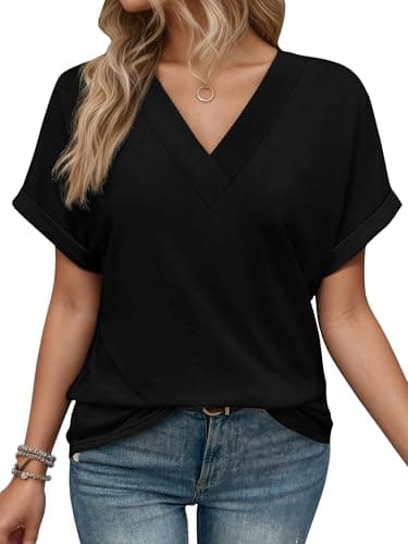 EXLURA Womens Summer Tops V Neck Outfits Clothes Short Dolman Sleeve Blouses 2025 Fashion Shirts Black - Image 1