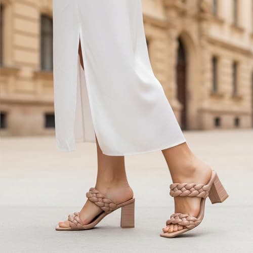 Athlefit Women's Braided Heeled Sandals Fashion Square Open Toe Comfortable Slip on Block Nude Heels Size 5.5 - Thumbnail 2