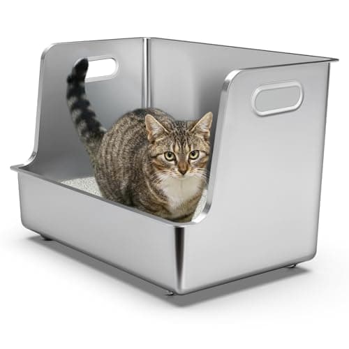 PWTAA One-Piece Stainless Steel Cat Litter Box, 14.5" High-Sided Metal Litter Pan with Extra Wide Entry, Rust-Proof, Easy to Clean, No Odor, with Wheels & Handles, Perfect for Large or Multi-Cat Homes